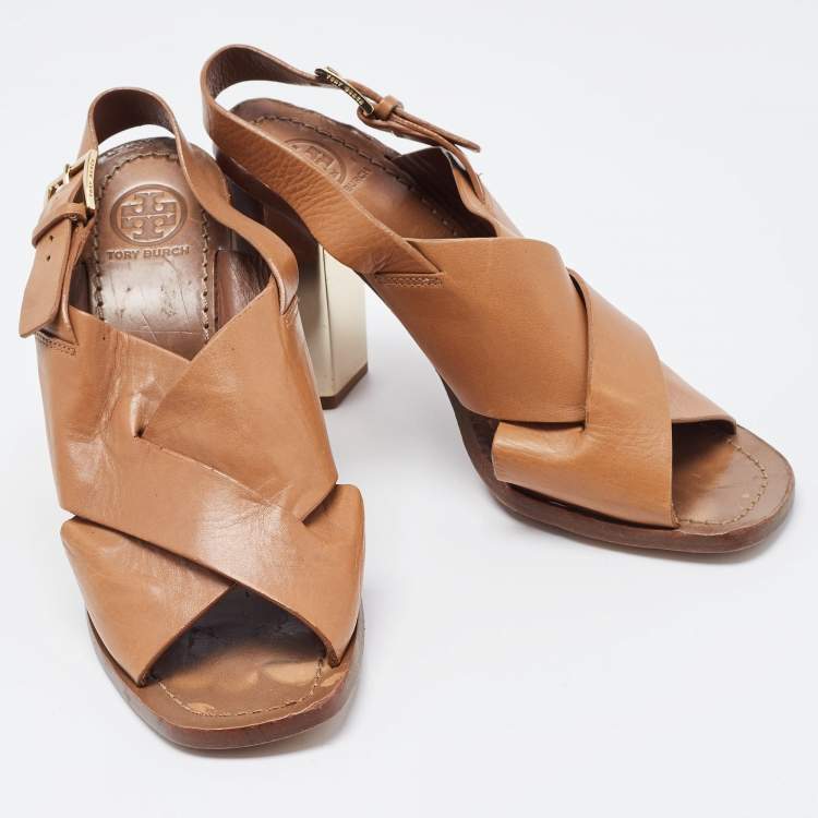 Pre Owned Tory Burch Brown Leather Slingback Sandals Size 38