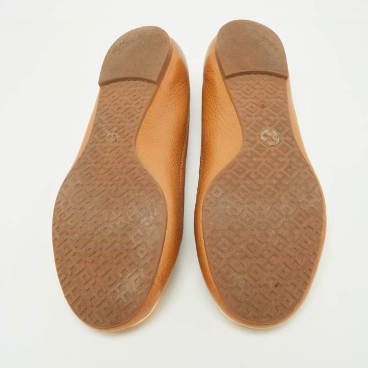 Pre Owned Tory Burch Brown Leather Reva Pebbled Ballet Flats Size 35.5