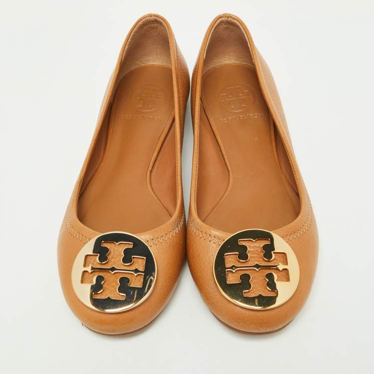 Pre Owned Tory Burch Brown Leather Reva Pebbled Ballet Flats Size 35.5