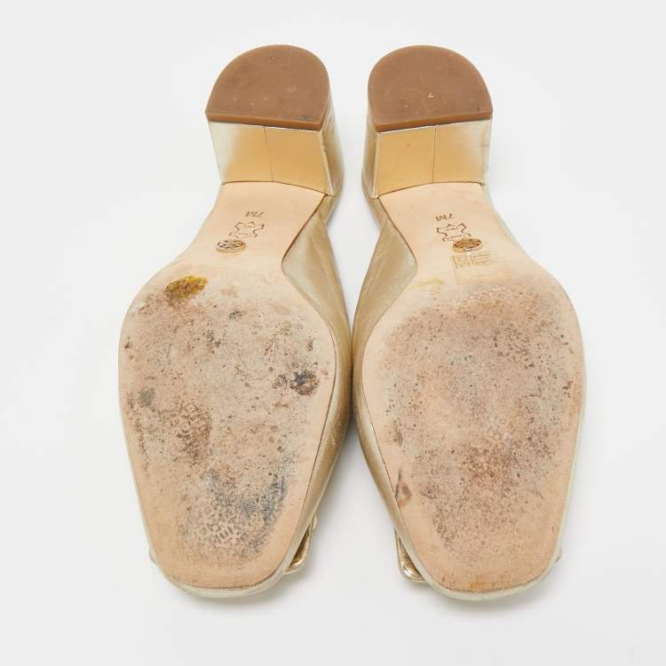 Pre Owned Tory Burch Gold Leather Vail Block Heel Mules Size 37.5 