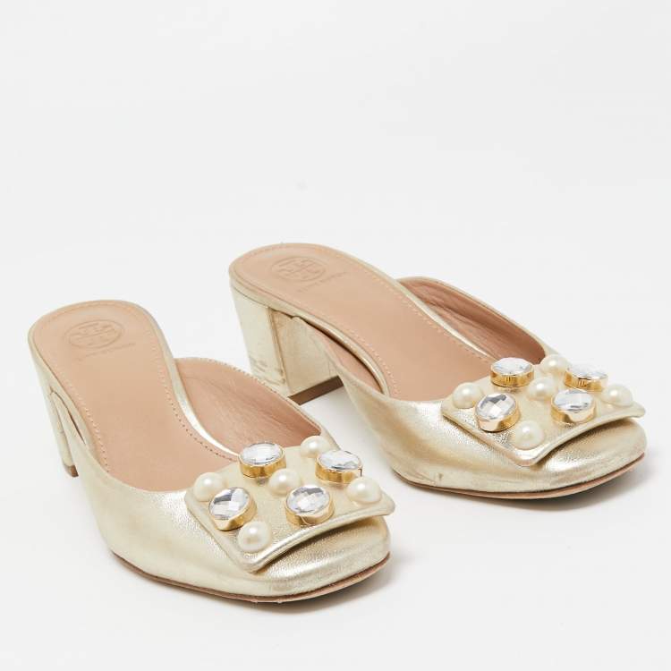 Pre Owned Tory Burch Gold Leather Vail Block Heel Mules Size 37.5 