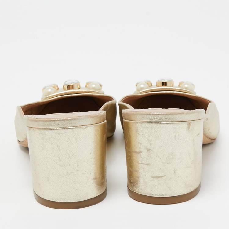 Pre Owned Tory Burch Gold Leather Vail Block Heel Mules Size 37.5 