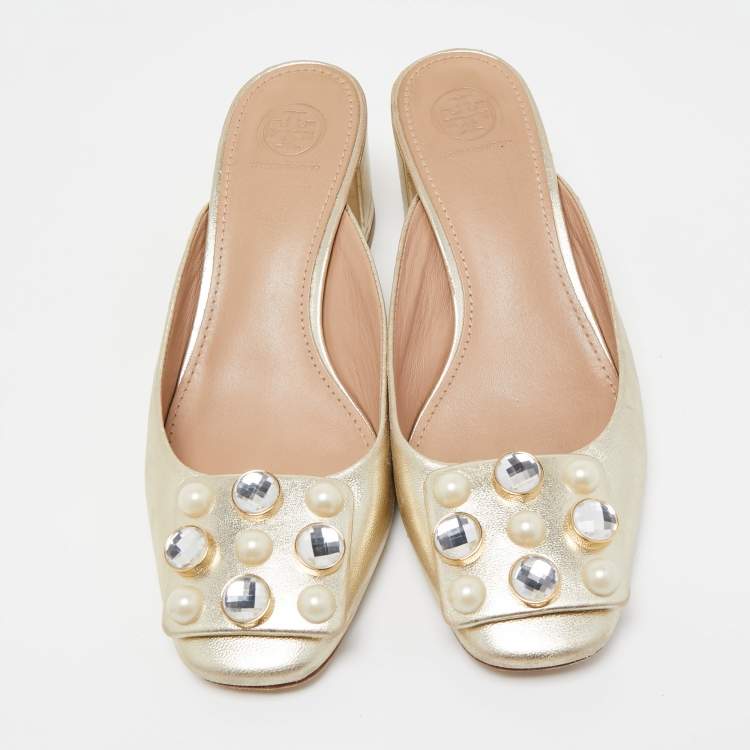 Pre Owned Tory Burch Gold Leather Vail Block Heel Mules Size 37.5 