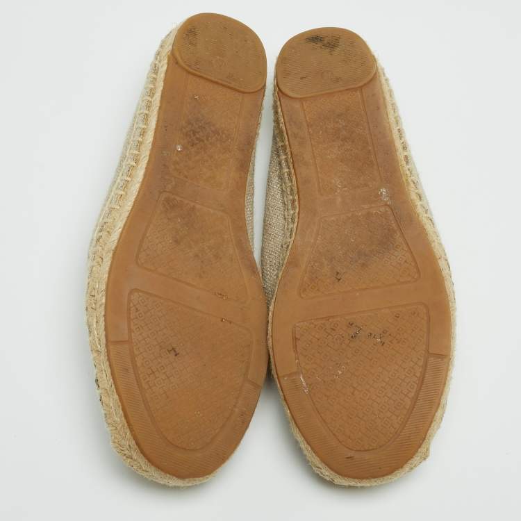 Pre Owned Tory Burch Beige/Metallic Leather and Canvas Trim Parrot Espadrilles Flats Size 38