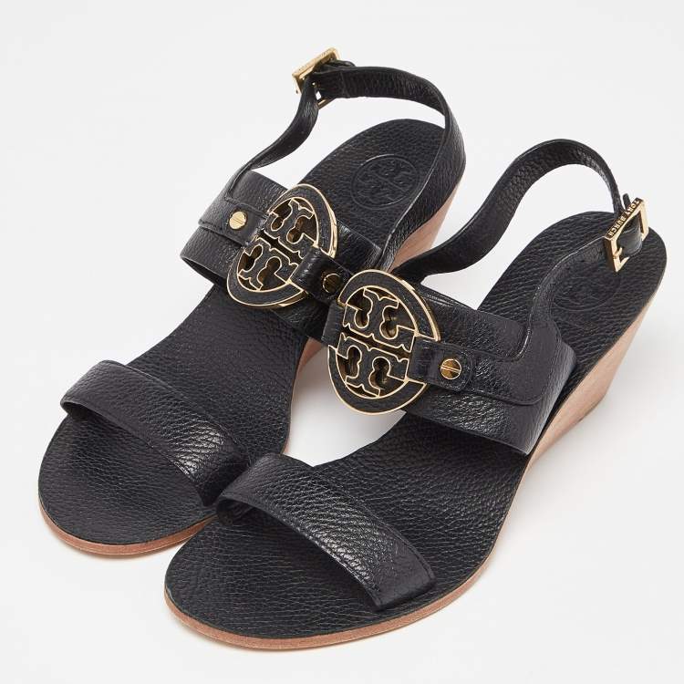 مملوكة مسبقًا Tory Burch Black Leather Wedge Slingback Sandals Size 38.5 