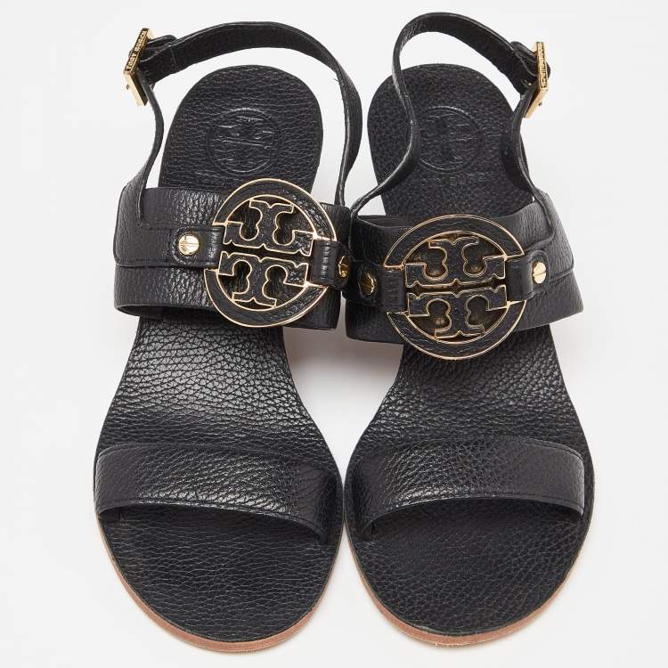 مملوكة مسبقًا Tory Burch Black Leather Wedge Slingback Sandals Size 38.5 