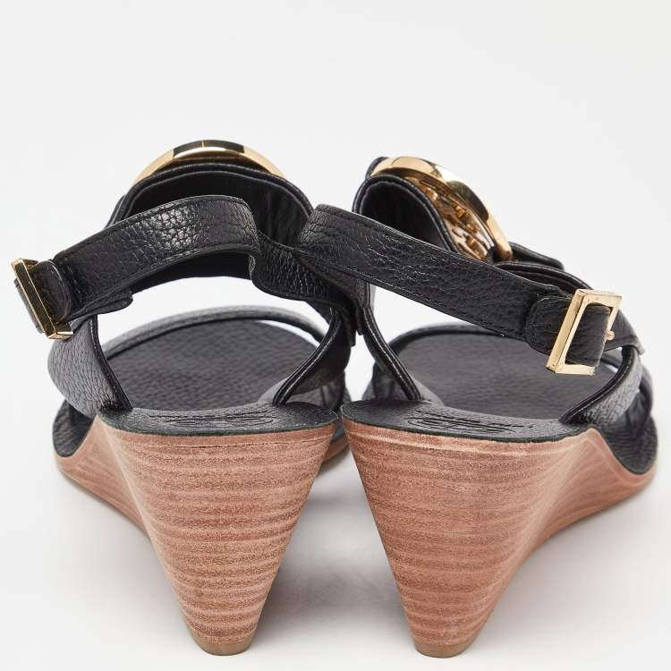 مملوكة مسبقًا Tory Burch Black Leather Wedge Slingback Sandals Size 38.5 