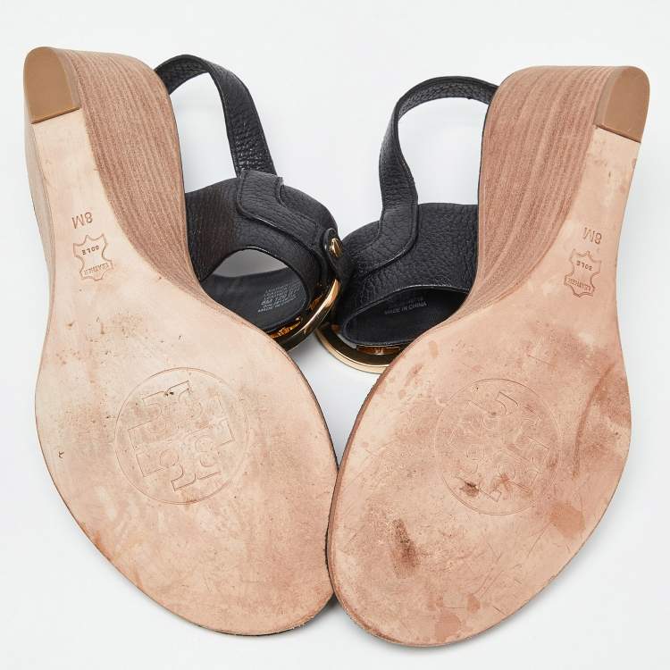 مملوكة مسبقًا Tory Burch Black Leather Wedge Slingback Sandals Size 38.5 