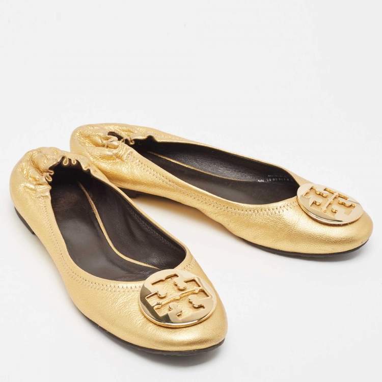 Pre Owned Tory Burch Gold Leather Reva Scrunch Ballet Flats Size 38.5