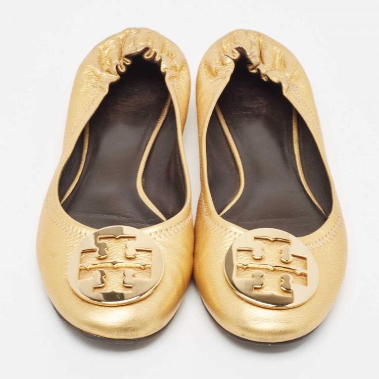 Pre Owned Tory Burch Gold Leather Reva Scrunch Ballet Flats Size 38.5