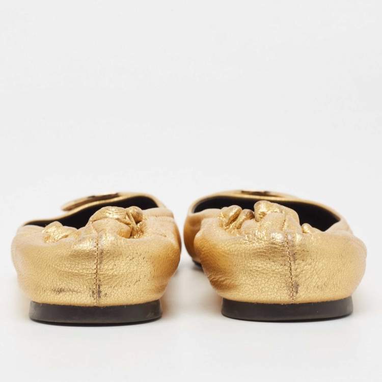 Pre Owned Tory Burch Gold Leather Reva Scrunch Ballet Flats Size 38.5