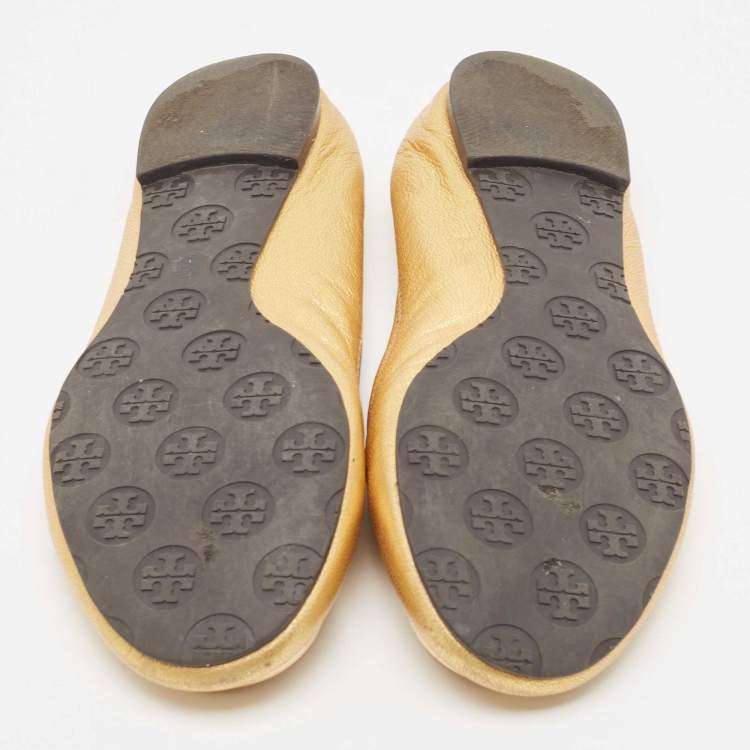 Pre Owned Tory Burch Gold Leather Reva Scrunch Ballet Flats Size 38.5