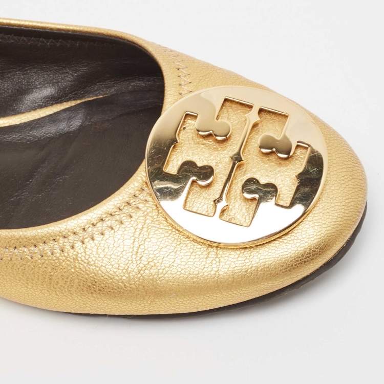Pre Owned Tory Burch Gold Leather Reva Scrunch Ballet Flats Size 38.5