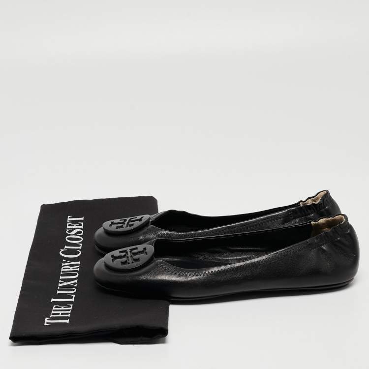 Pre Owned Tory Burch Black Leather Minnie Scrunch Ballet Flats Size 37.5