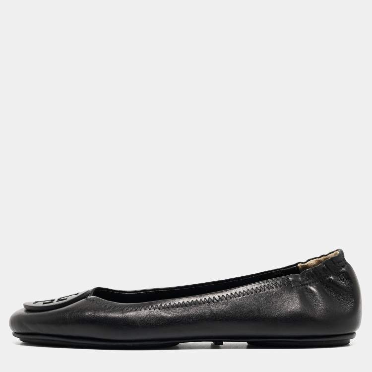 Pre Owned Tory Burch Black Leather Minnie Scrunch Ballet Flats Size 37.5