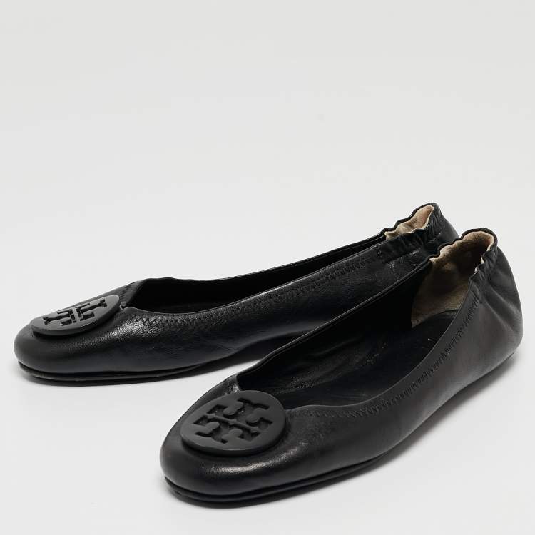 Pre Owned Tory Burch Black Leather Minnie Scrunch Ballet Flats Size 37.5