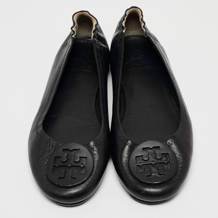 Pre Owned Tory Burch Black Leather Minnie Scrunch Ballet Flats Size 37.5