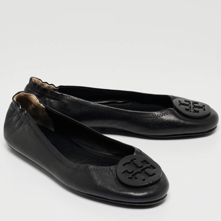 Pre Owned Tory Burch Black Leather Minnie Scrunch Ballet Flats Size 37.5