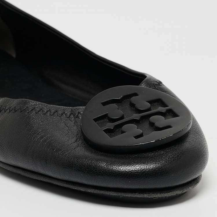 Pre Owned Tory Burch Black Leather Minnie Scrunch Ballet Flats Size 37.5