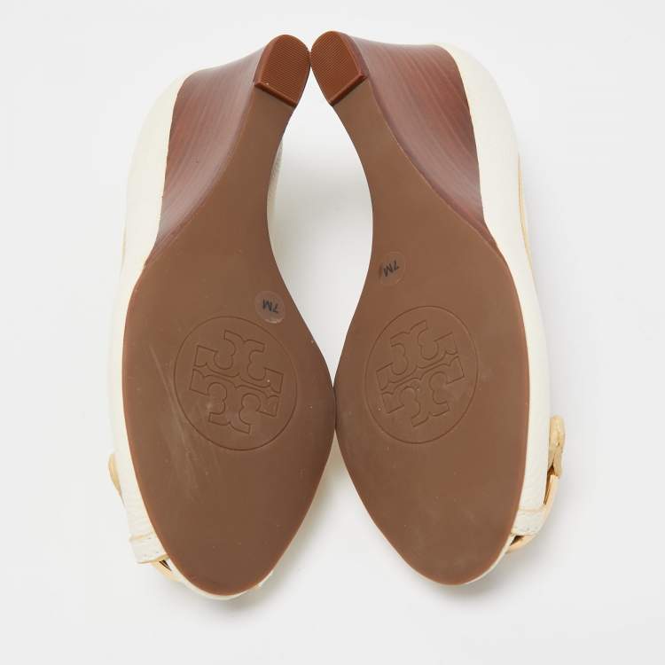 Pre Owned Tory Burch Off White Leather Amanda Peep Toe Wedge Pumps Size 37.5