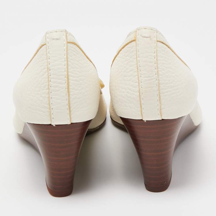 Pre Owned Tory Burch Off White Leather Amanda Peep Toe Wedge Pumps Size 37.5