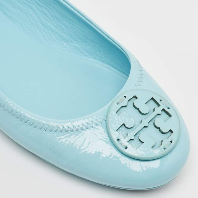 Pre Owned Tory Burch Blue Patent Leather Minnie Travel Ballet Flats Size 39