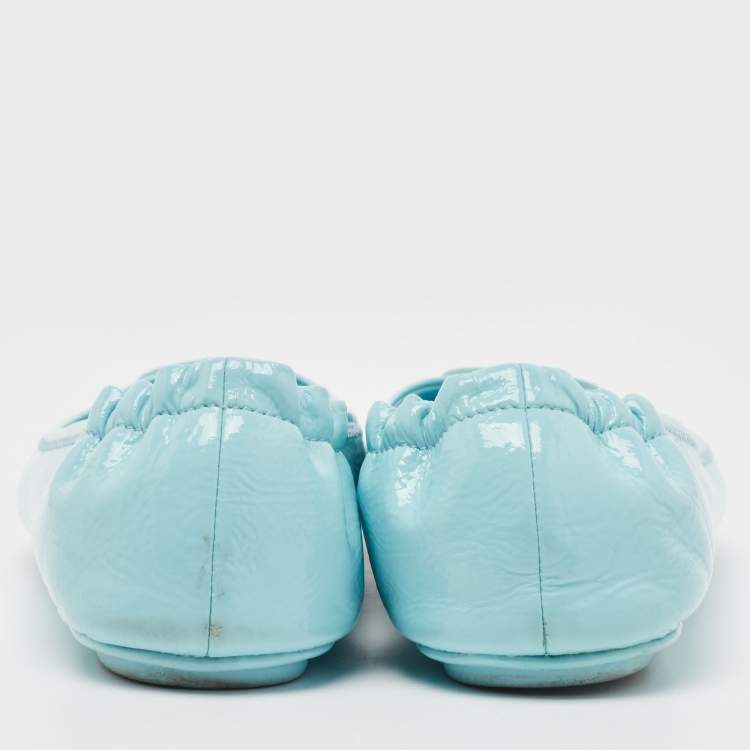 Pre Owned Tory Burch Blue Patent Leather Minnie Travel Ballet Flats Size 39