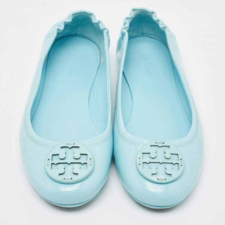 Pre Owned Tory Burch Blue Patent Leather Minnie Travel Ballet Flats Size 39