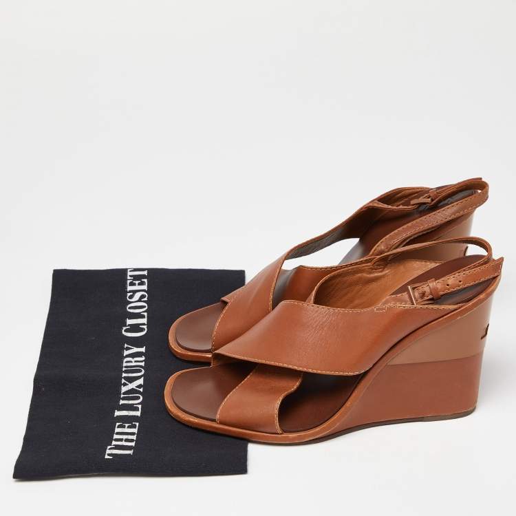 Pre Owned Tory Burch Brown Leather Wedge Slingback Sandals Size 39.5