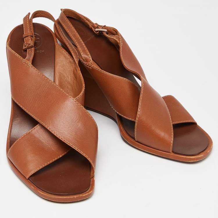 Pre Owned Tory Burch Brown Leather Wedge Slingback Sandals Size 39.5