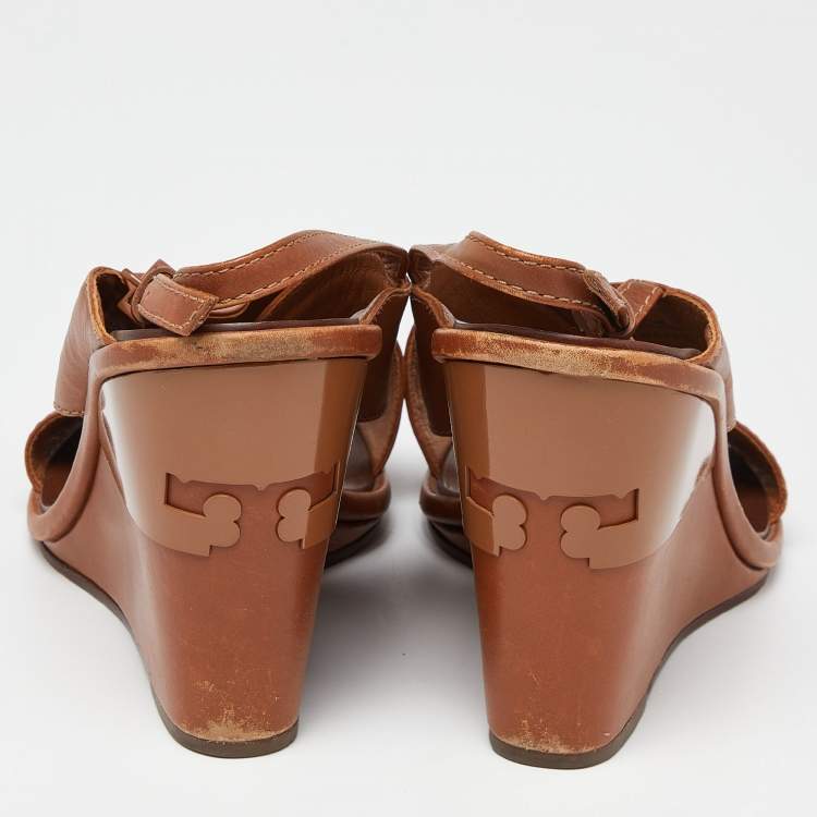 Pre Owned Tory Burch Brown Leather Wedge Slingback Sandals Size 39.5