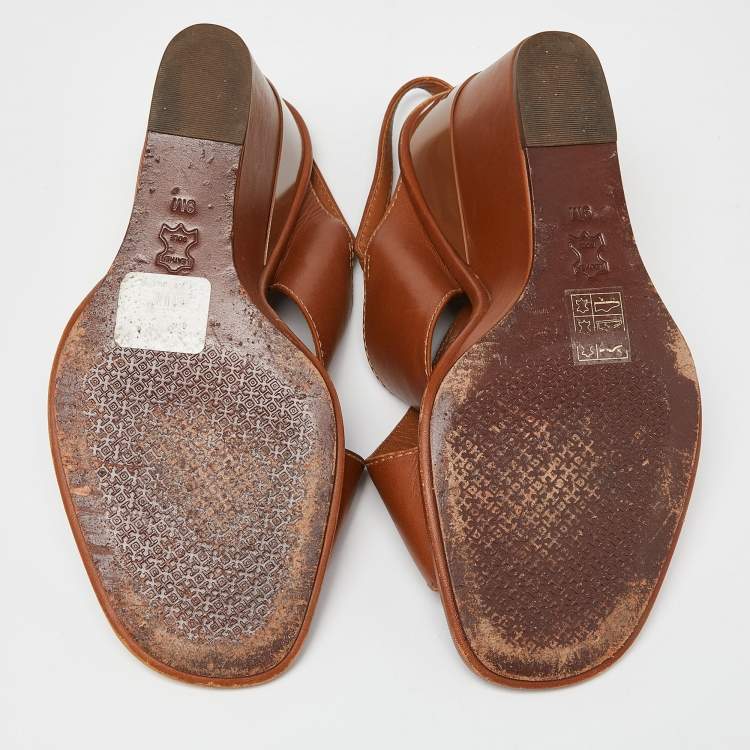 Pre Owned Tory Burch Brown Leather Wedge Slingback Sandals Size 39.5