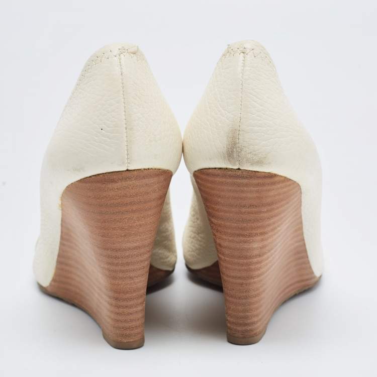 Pre Owned Tory Burch Off White Leather Peep Toe Wedge Pumps Size 40