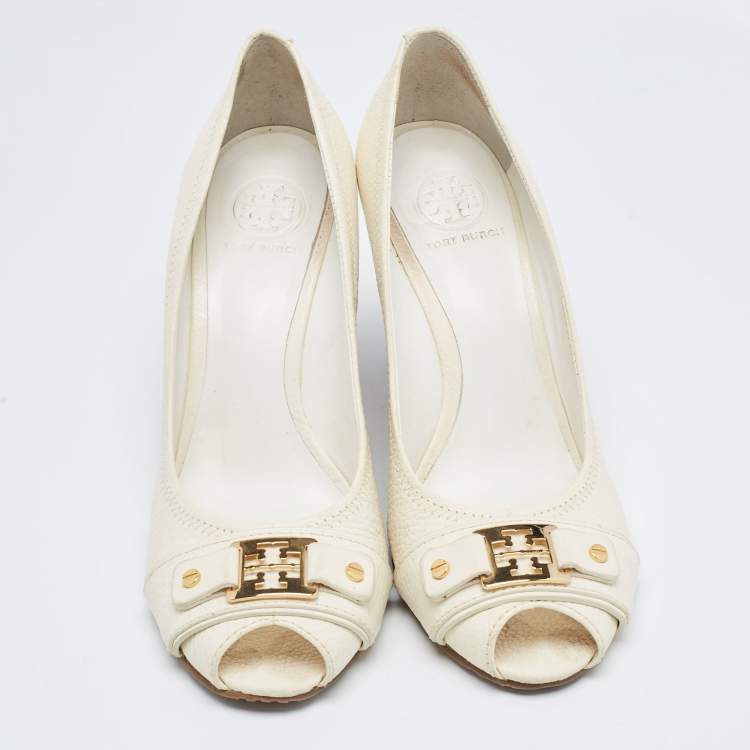 Pre Owned Tory Burch Off White Leather Peep Toe Wedge Pumps Size 40