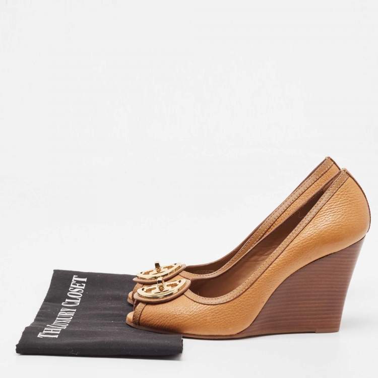 Pre Owned Tory Burch Brown Leather Selma Wedge Pumps Size 39.5 