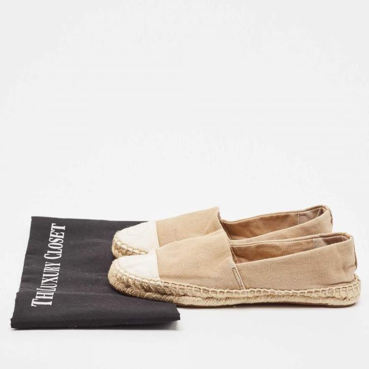 Pre Owned Tory Burch Beige/White Canvas Cap Toe Espadrille Flats Size 37