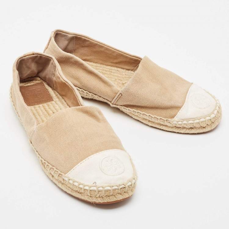 Pre Owned Tory Burch Beige/White Canvas Cap Toe Espadrille Flats Size 37
