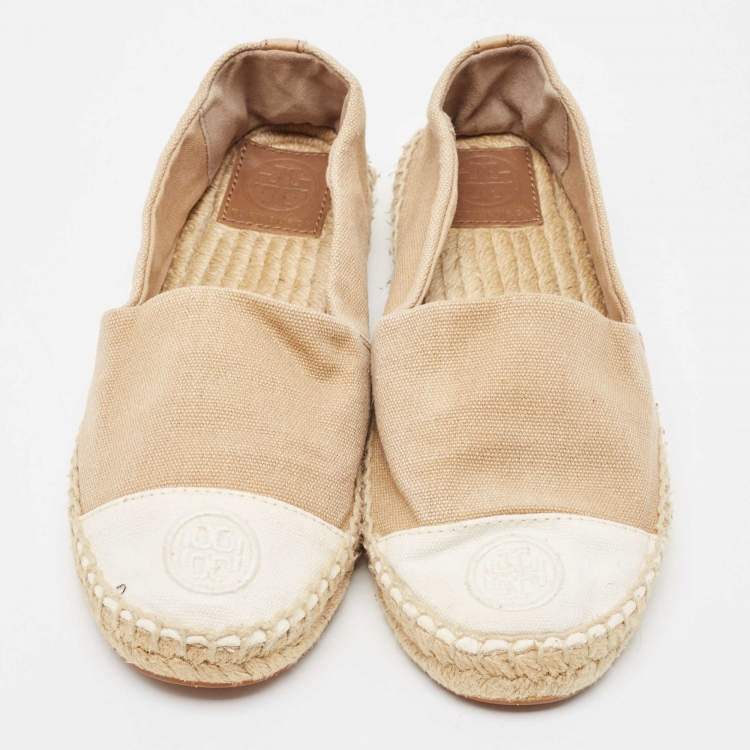 Pre Owned Tory Burch Beige/White Canvas Cap Toe Espadrille Flats Size 37
