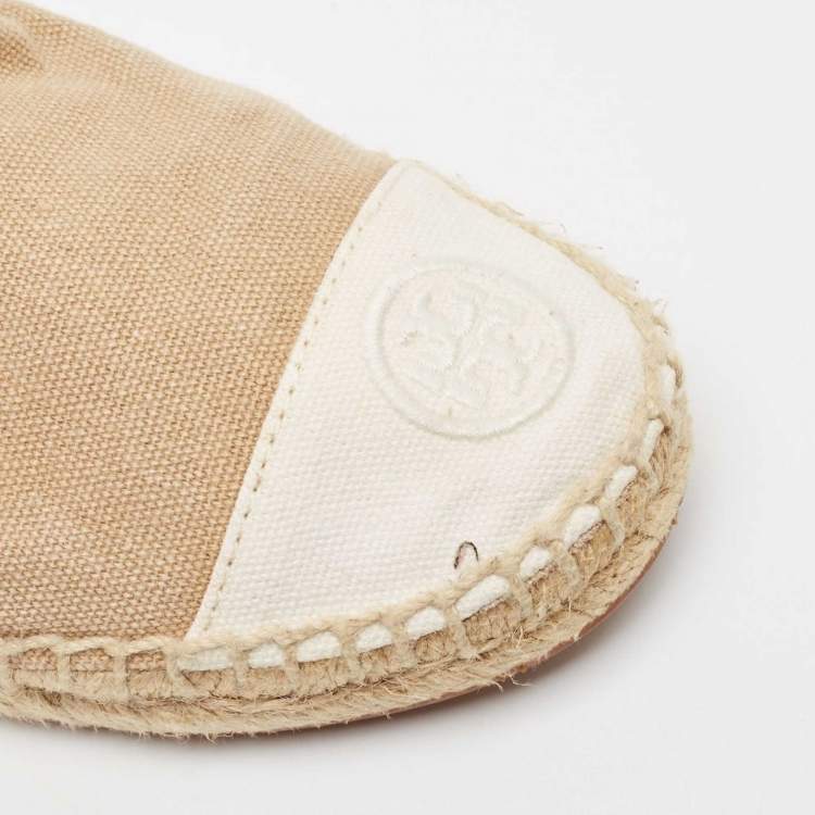 Pre Owned Tory Burch Beige/White Canvas Cap Toe Espadrille Flats Size 37