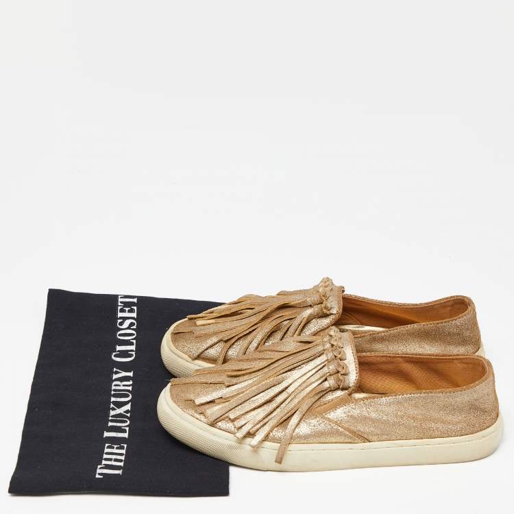 Pre Owned Tory Burch Gold Textured Suede Fringe Detail Slip On Sneakers Size 37.5