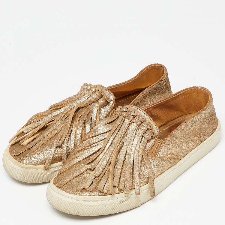 Pre Owned Tory Burch Gold Textured Suede Fringe Detail Slip On Sneakers Size 37.5