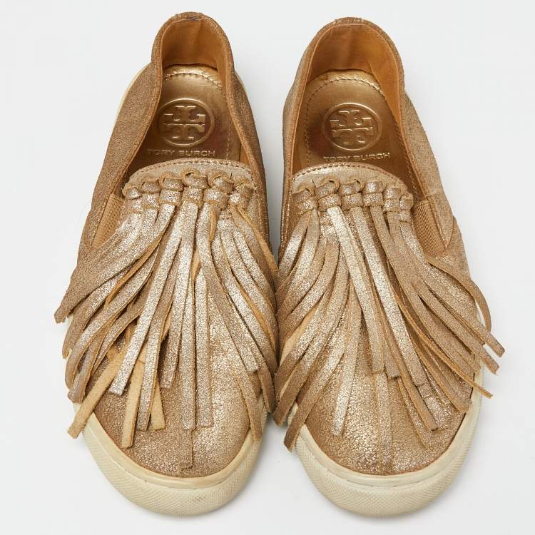 Pre Owned Tory Burch Gold Textured Suede Fringe Detail Slip On Sneakers Size 37.5