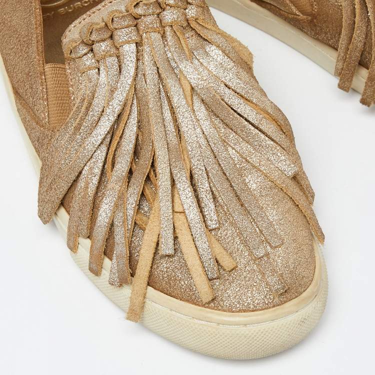 Pre Owned Tory Burch Gold Textured Suede Fringe Detail Slip On Sneakers Size 37.5