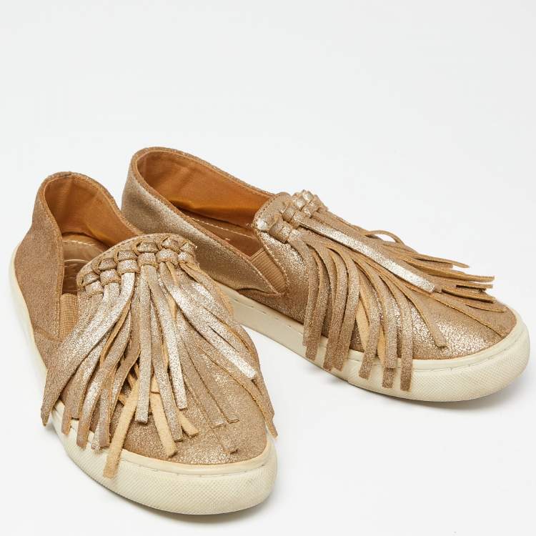 Pre Owned Tory Burch Gold Textured Suede Fringe Detail Slip On Sneakers Size 37.5