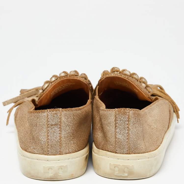 Pre Owned Tory Burch Gold Textured Suede Fringe Detail Slip On Sneakers Size 37.5