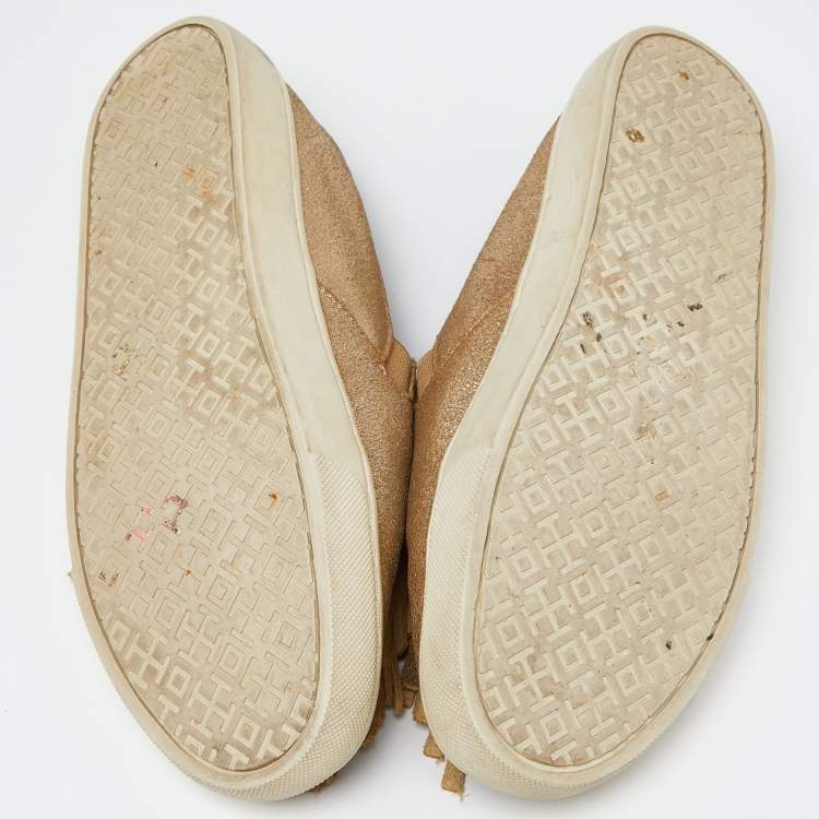 Pre Owned Tory Burch Gold Textured Suede Fringe Detail Slip On Sneakers Size 37.5