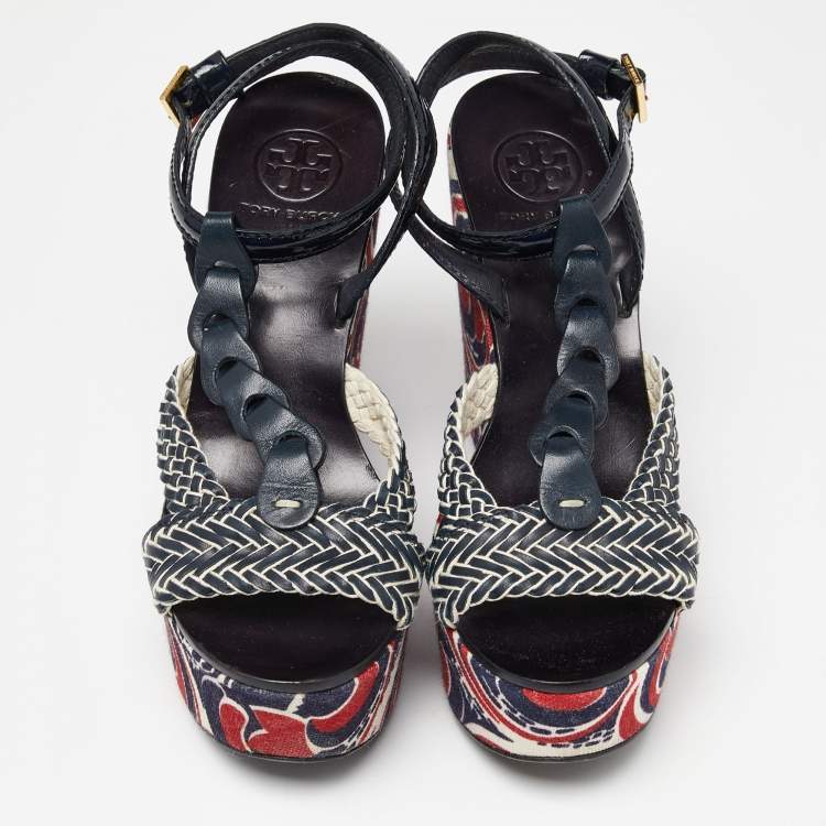Pre Owned Tory Burch Navy Blue Braided Leather Platform Wedge Sandals Size 41