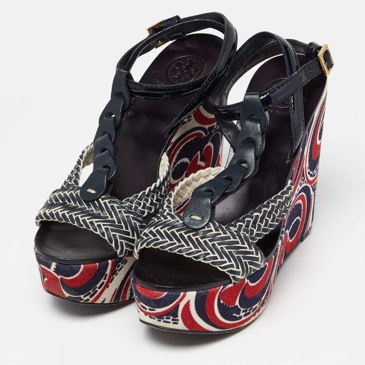 Pre Owned Tory Burch Navy Blue Braided Leather Platform Wedge Sandals Size 41