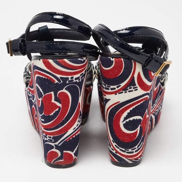 Pre Owned Tory Burch Navy Blue Braided Leather Platform Wedge Sandals Size 41