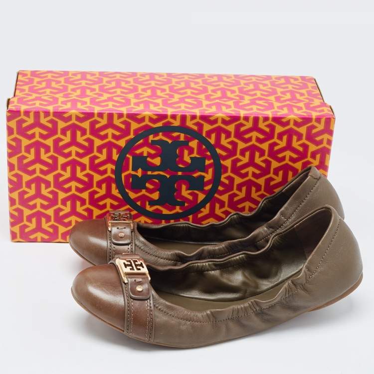 مملوكة مسبقًا Tory Burch Brown Leather Ambrose Scrunch Ballet Flats Size 40
